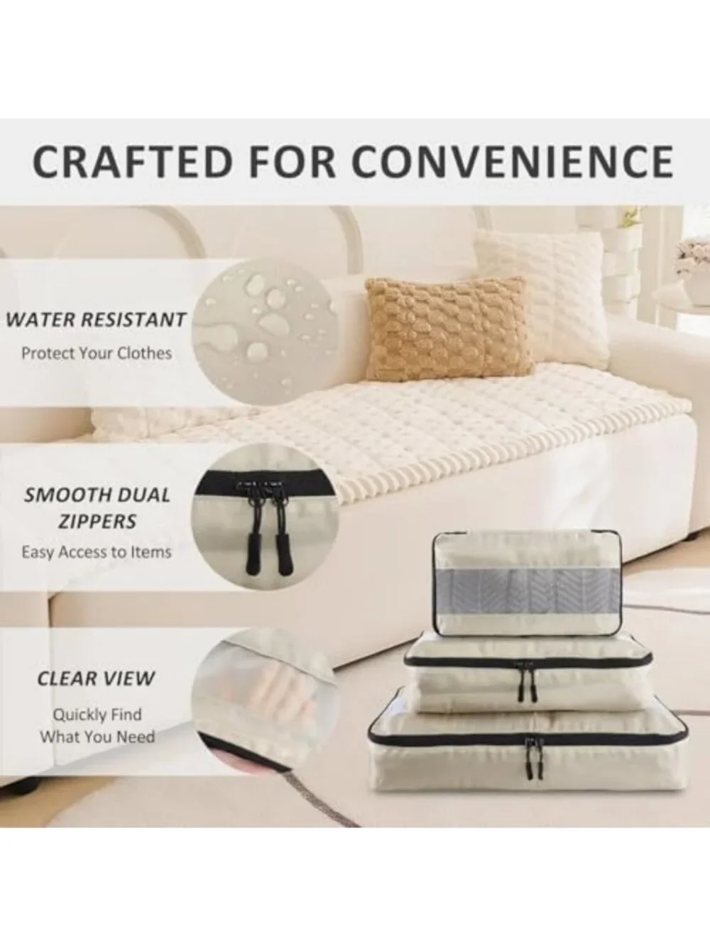 5 Set Packing Cubes & Travel Organizers with Shoe Bag - Cream Color, Lightweight